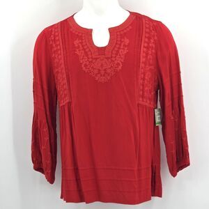 John Mark Embroidered Tunic Top Blouse Shirt Womens Size Large Red Boho Peasant